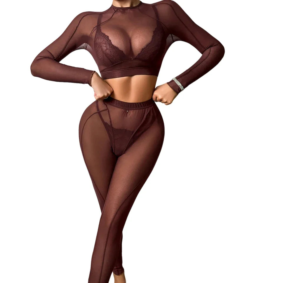 Fashionable and comfortable backless long sleeved see through mesh shaping lace triangle cup lingerie split set