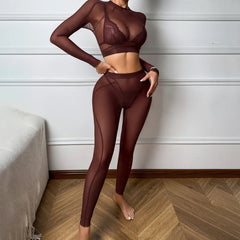 Fashionable and comfortable backless long sleeved see through mesh shaping lace triangle cup lingerie split set