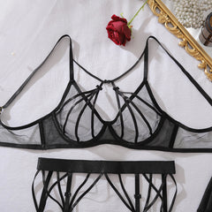 Fashionable and high-quality deep V ultra-thin perspective cross tie bow accessory gathering underwear four piece set