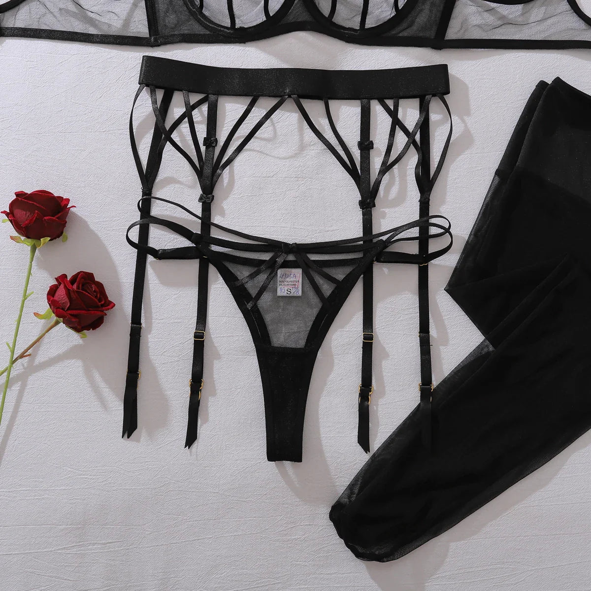Fashionable and high-quality deep V ultra-thin perspective cross tie bow accessory gathering underwear four piece set
