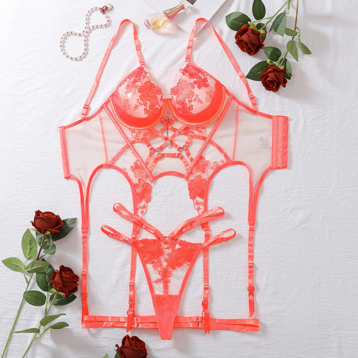 Fashionable embroidery cross mesh perspective complex splicing technology lingerie two-piece set