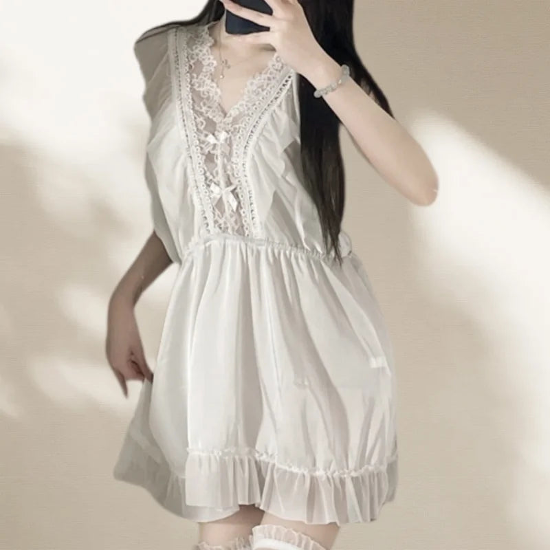 Flirtatious Backless Thin Version Temptation Sweet Lace Nightgown Deep V High-end Waist Cinching Erotic Lingerie