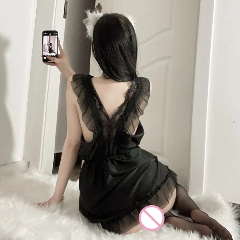 Flirtatious Backless Thin Version Temptation Sweet Lace Nightgown Deep V High-end Waist Cinching Erotic Lingerie