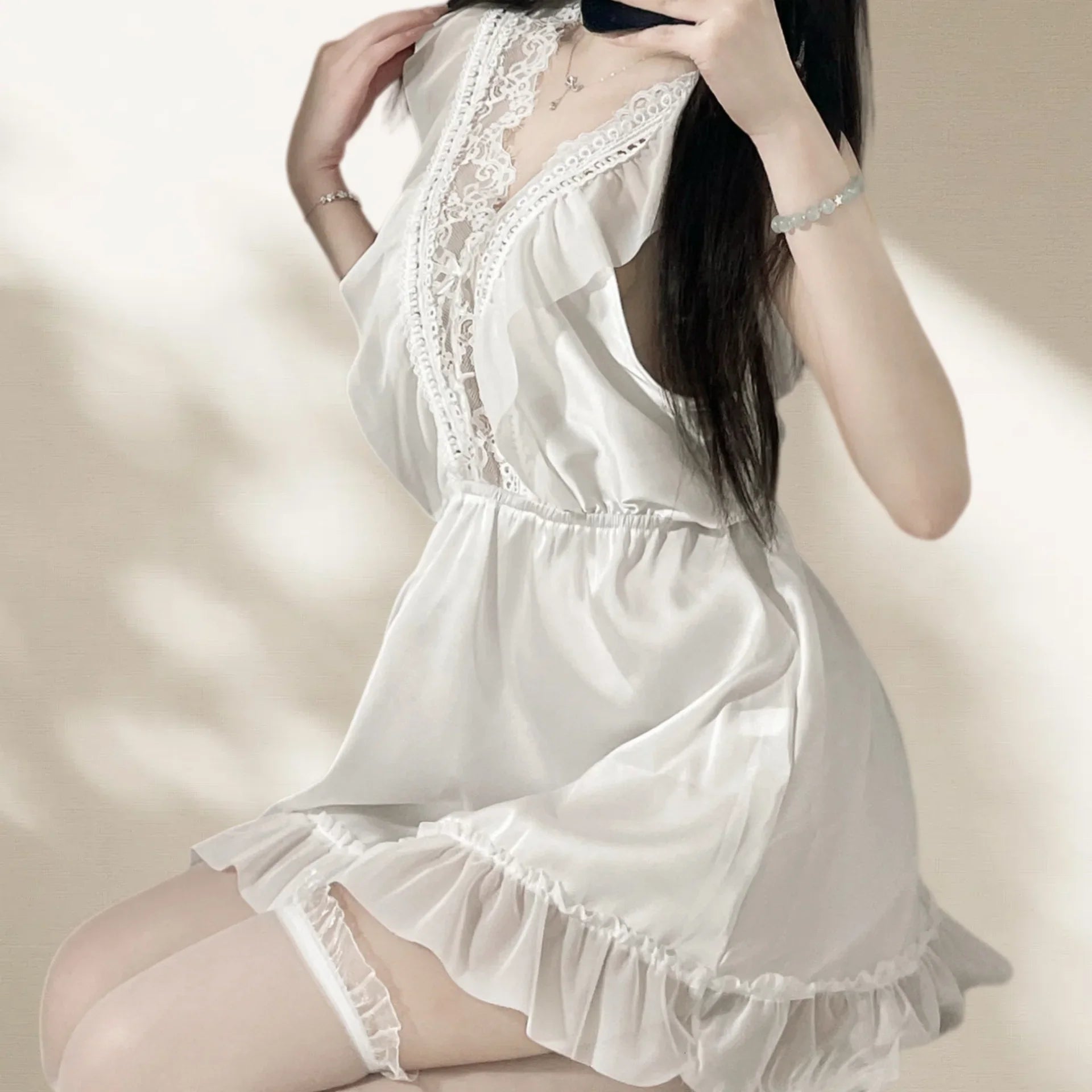 Flirtatious Backless Thin Version Temptation Sweet Lace Nightgown Deep V High-end Waist Cinching Erotic Lingerie