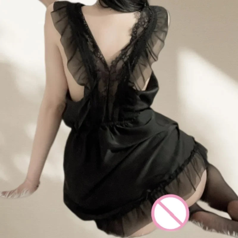 Flirtatious Backless Thin Version Temptation Sweet Lace Nightgown Deep V High-end Waist Cinching Erotic Lingerie
