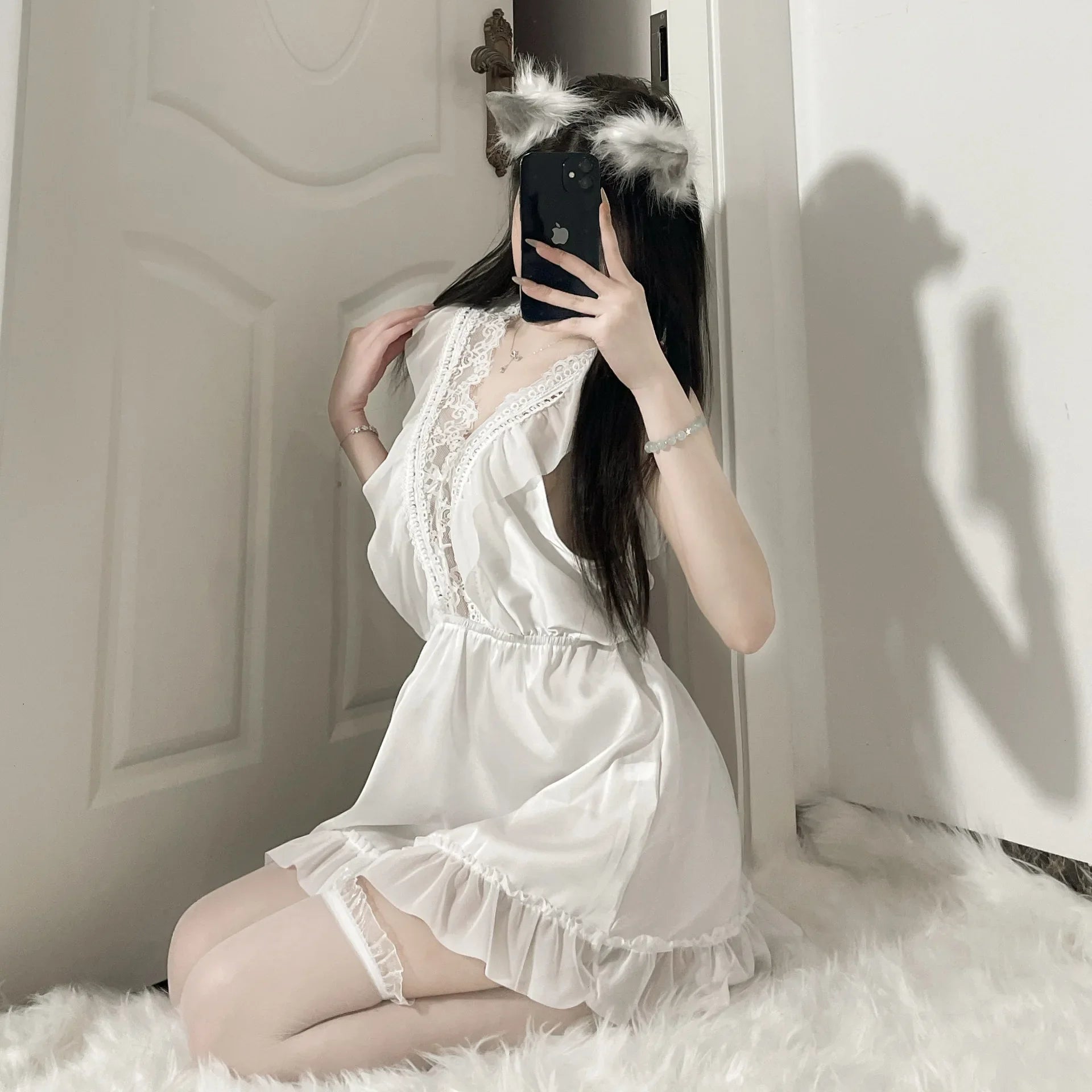 Flirtatious Backless Thin Version Temptation Sweet Lace Nightgown Deep V High-end Waist Cinching Erotic Lingerie