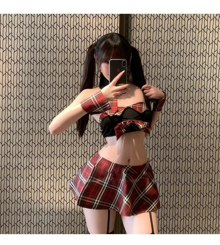 Flirtatious Bold JK Uniform Crimson Checkered College Style Abstinence-oriented Pleated Skirt Lingerie Set