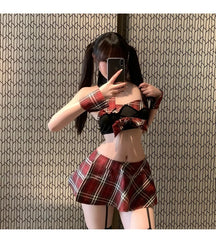 Flirtatious Bold JK Uniform Crimson Checkered College Style Abstinence-oriented Pleated Skirt Lingerie Set