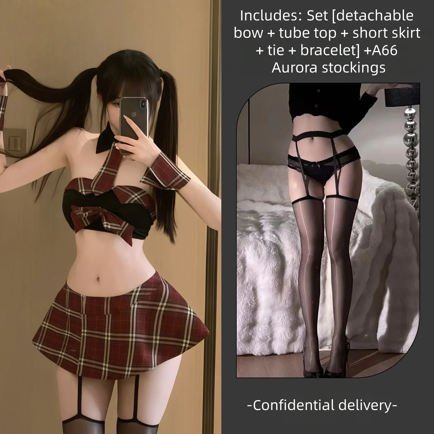 Flirtatious Bold JK Uniform Crimson Checkered College Style Abstinence-oriented Pleated Skirt Lingerie Set