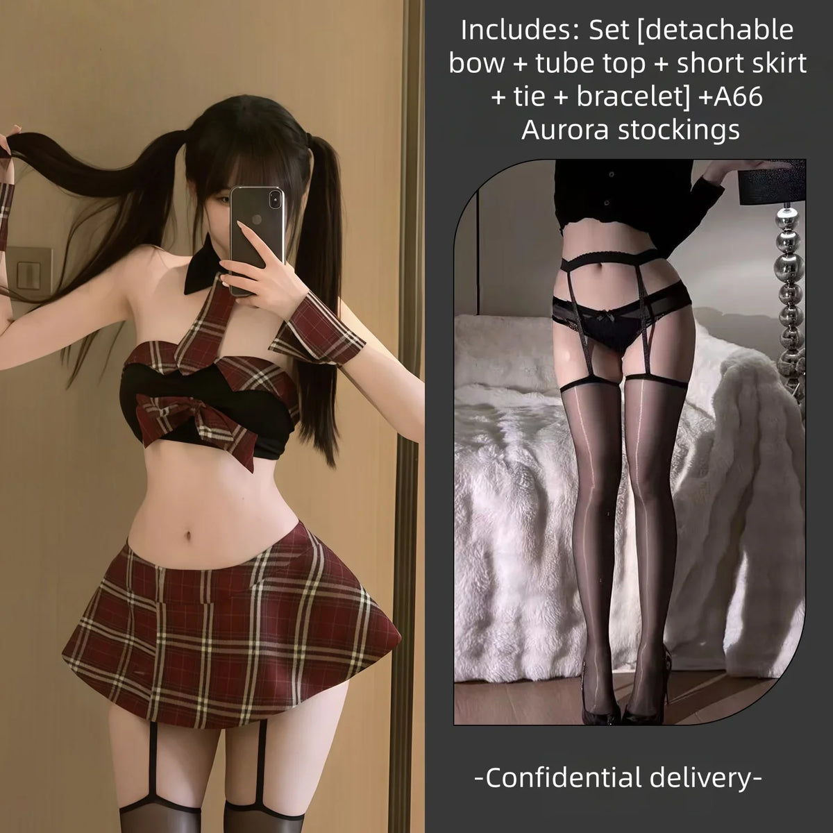 Flirtatious Bold JK Uniform Crimson Checkered College Style Abstinence-oriented Pleated Skirt Lingerie Set
