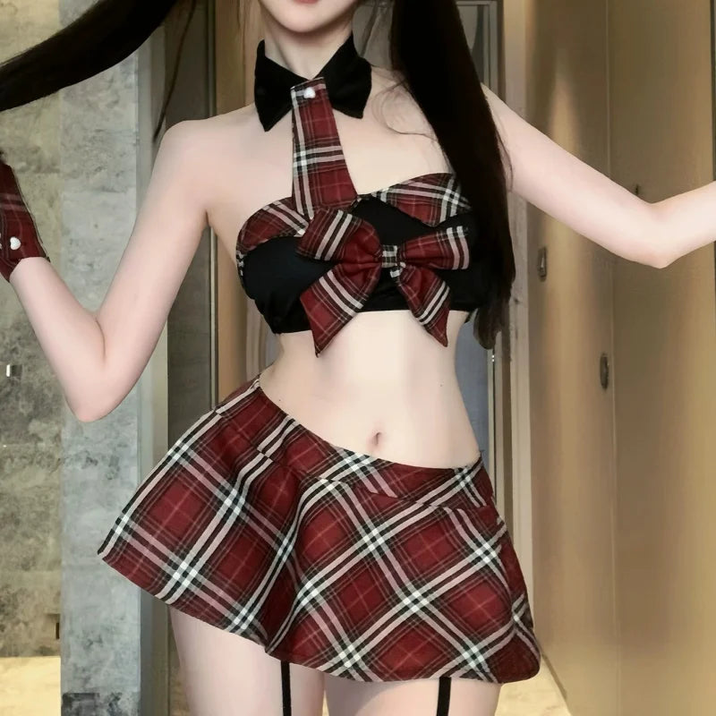 Flirtatious Bold JK Uniform Crimson Checkered College Style Abstinence-oriented Pleated Skirt Lingerie Set