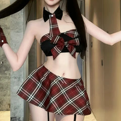 Flirtatious Bold JK Uniform Crimson Checkered College Style Abstinence-oriented Pleated Skirt Lingerie Set