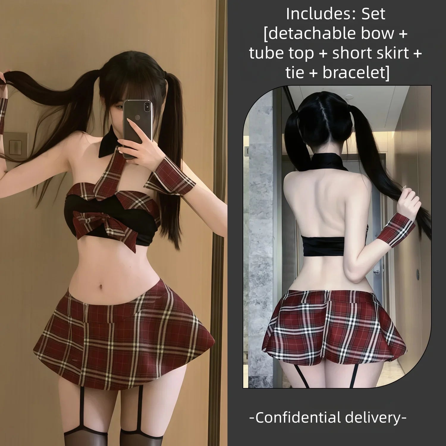 Flirtatious Bold JK Uniform Crimson Checkered College Style Abstinence-oriented Pleated Skirt Lingerie Set