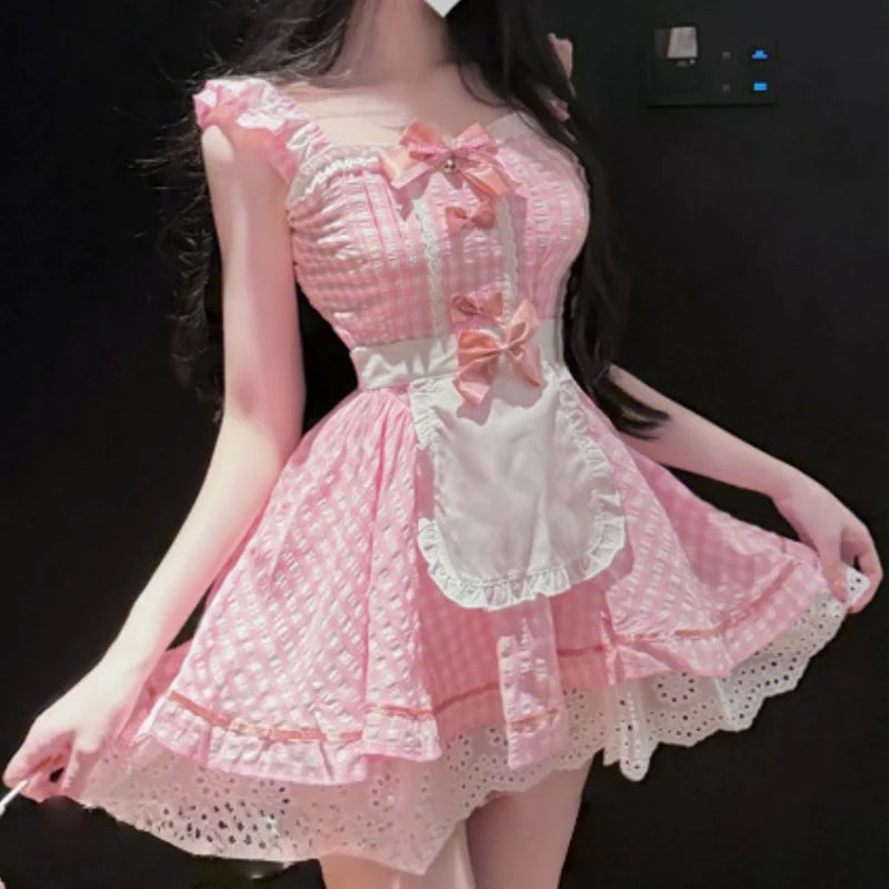 Flirtatious Cute Suspender Dress Temptation Skirt Sleeveless Uniform Sweet and Lovely Plaid Maid Little Maid Lingerie Dating Set