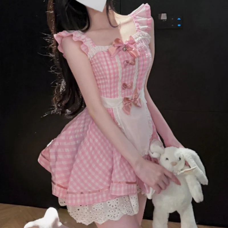 Flirtatious Cute Suspender Dress Temptation Skirt Sleeveless Uniform Sweet and Lovely Plaid Maid Little Maid Lingerie Dating Set