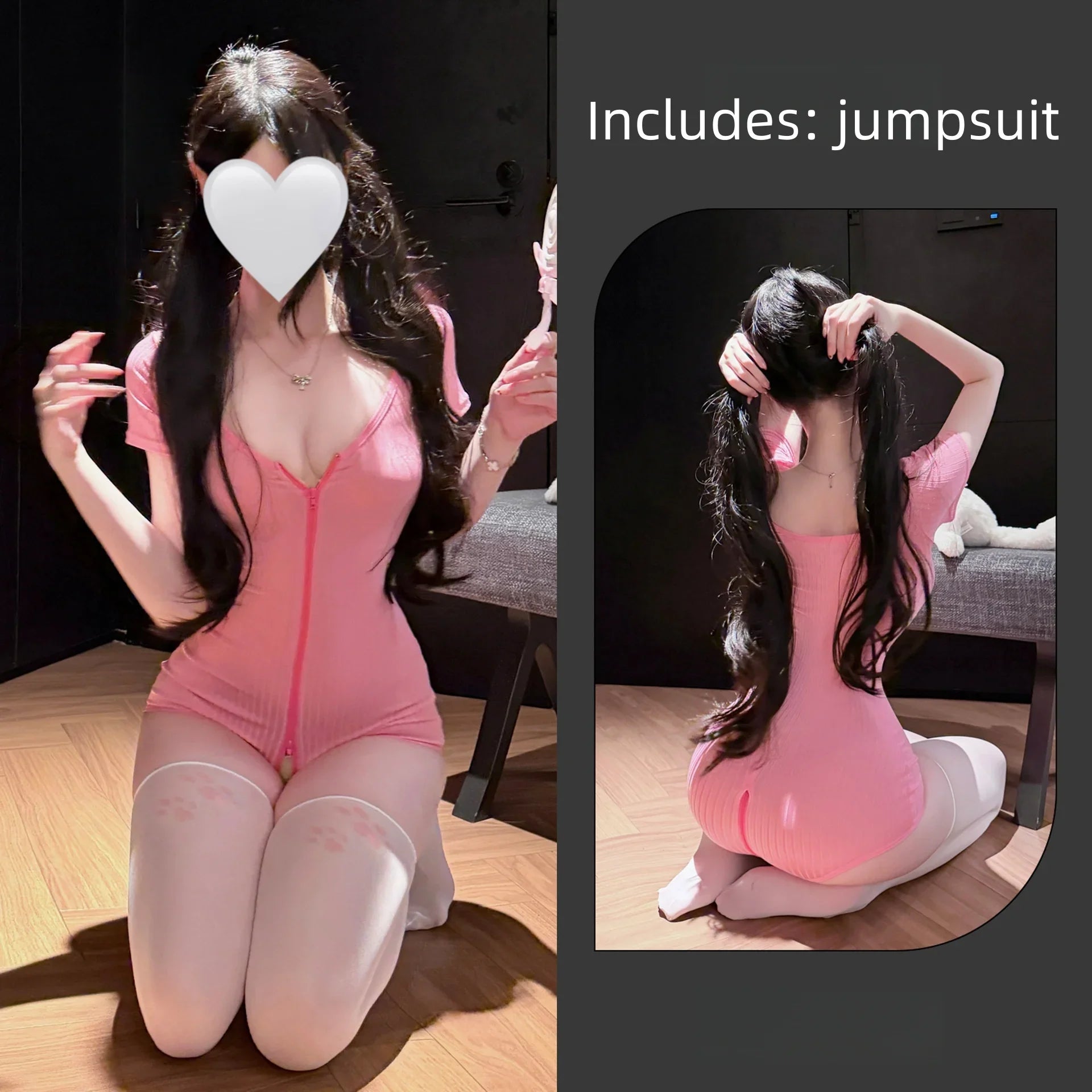 Flirtatious Cute Sweet Temptation Figure Enhancing Short Sleeved Jumpsuit Tight Fitting Yoga Suit Lingerie Full Body Zipper Set
