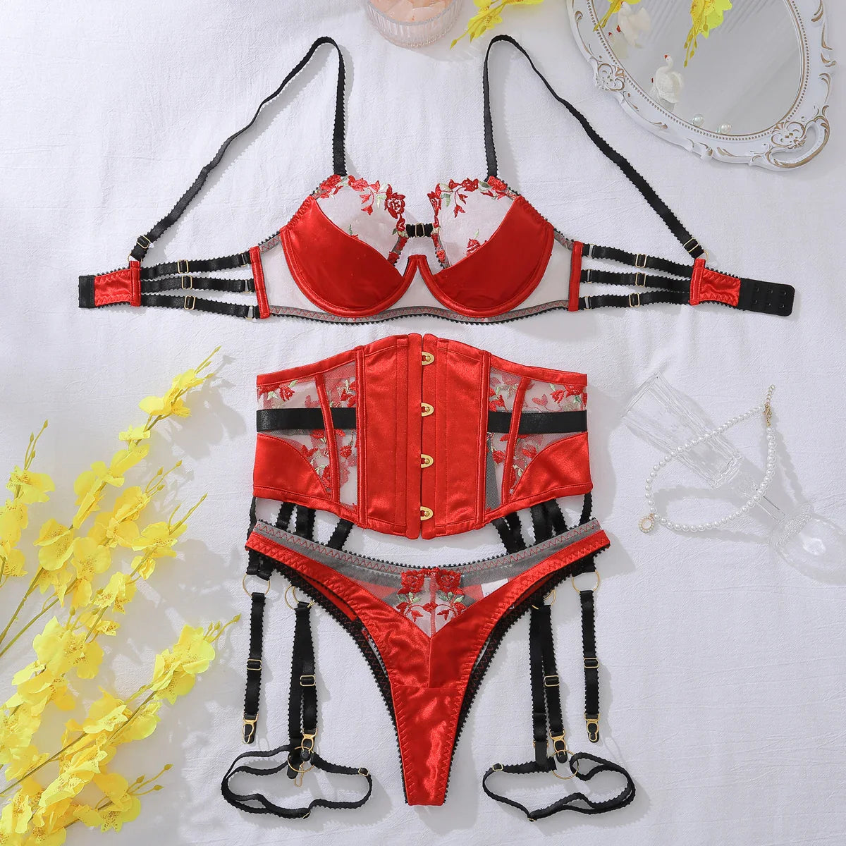 Flower bud decoration perspective splicing lingerie red rose embroidery belly closure lingerie split four piece set