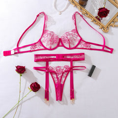 Flower language lingerie pure desire style text bra ultra-thin cup big chest gathering transparent three-point three piece
