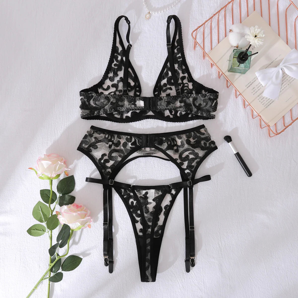 Foreign Trade 2025 Deep V Embroidered Perspective Thin Shaped Underwear Split Set Three Piece Set