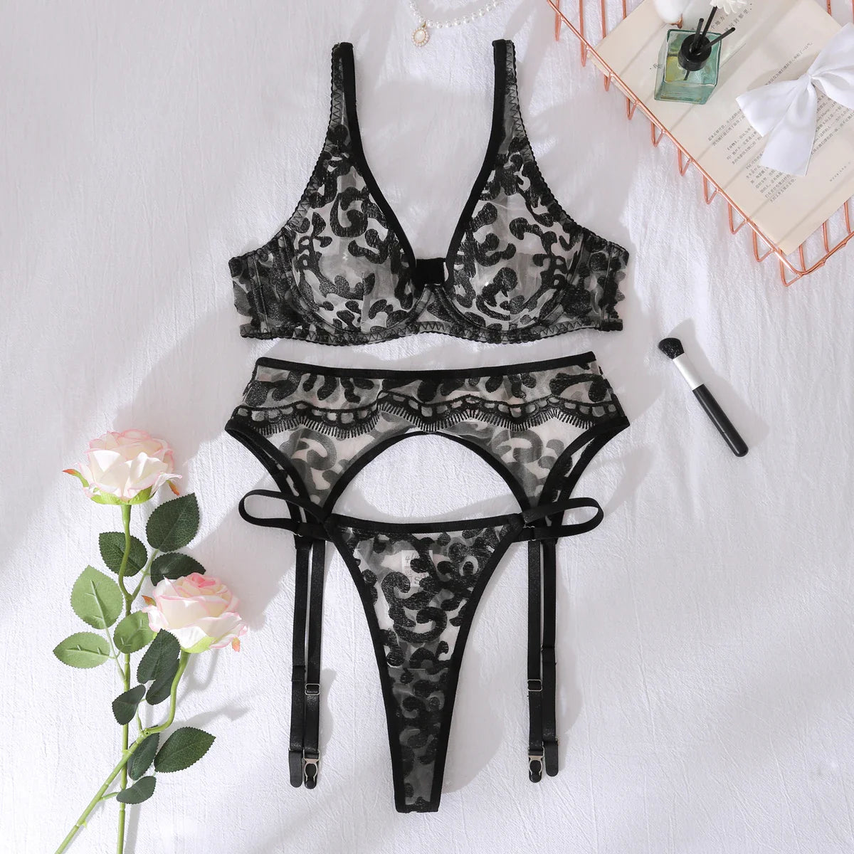 Foreign Trade 2025 Deep V Embroidered Perspective Thin Shaped Underwear Split Set Three Piece Set