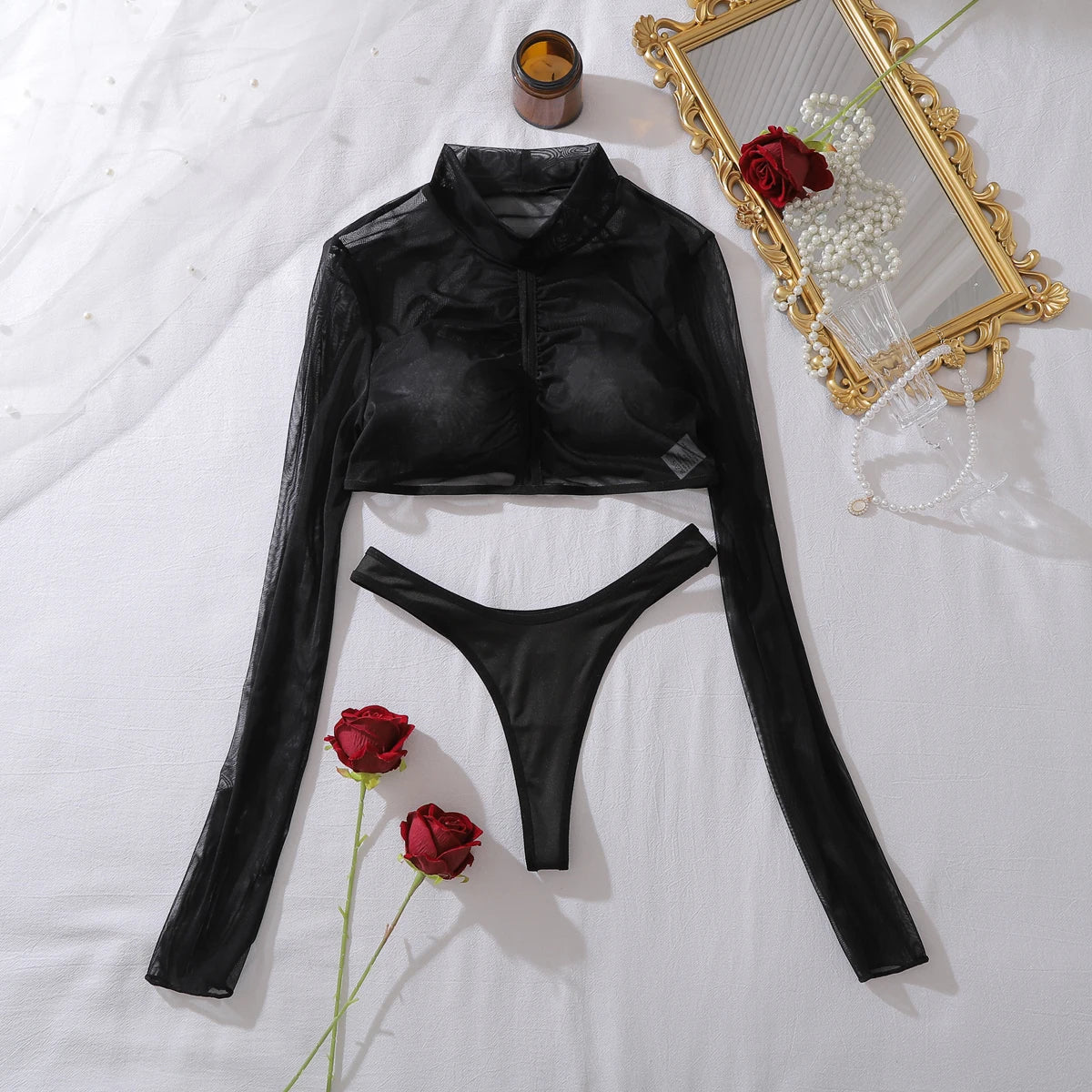Foreign Trade 2026 Spicy Girl Half High Collar Long Sleeve Mesh Perspective Body Shaping and Slimming Split Two Piece Set