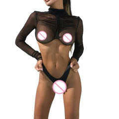Foreign Trade 2026 Spicy Girl Half High Collar Long Sleeve Mesh Perspective Body Shaping and Slimming Split Two Piece Set