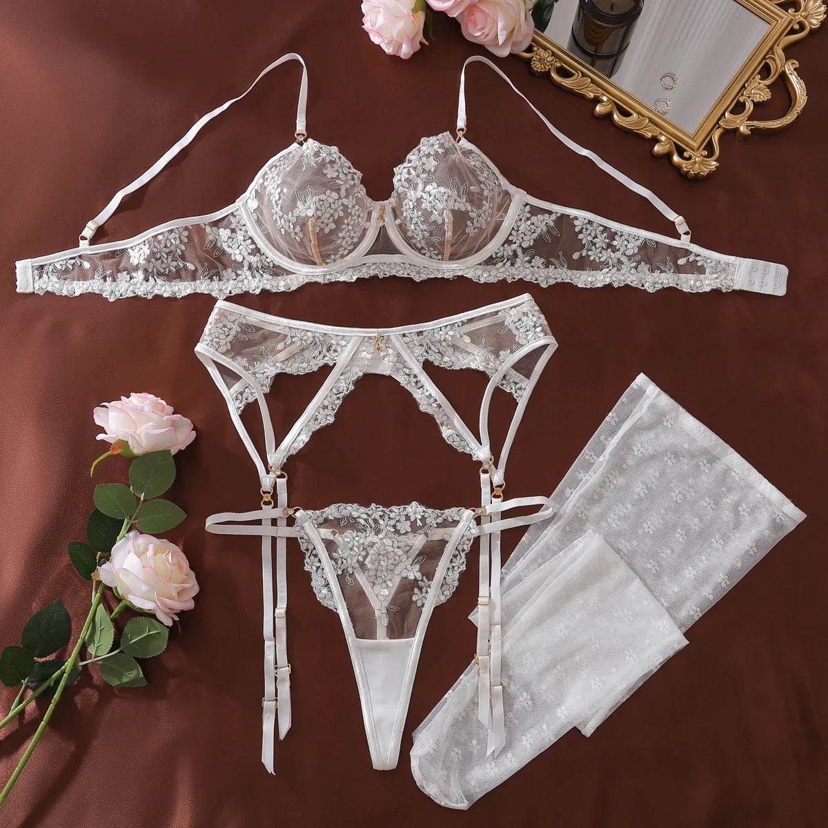 French floral embroidery gathered steel ring shaping mesh lingerie split set with stockings