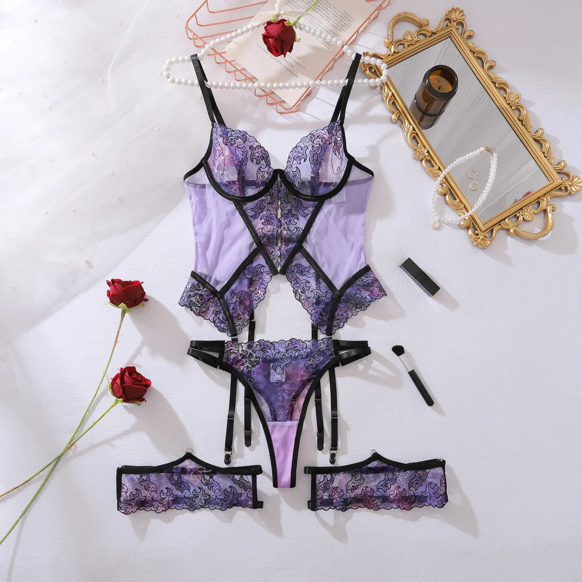 French perspective embroidery mesh splicing body shaping midnight mysterious purple three piece set