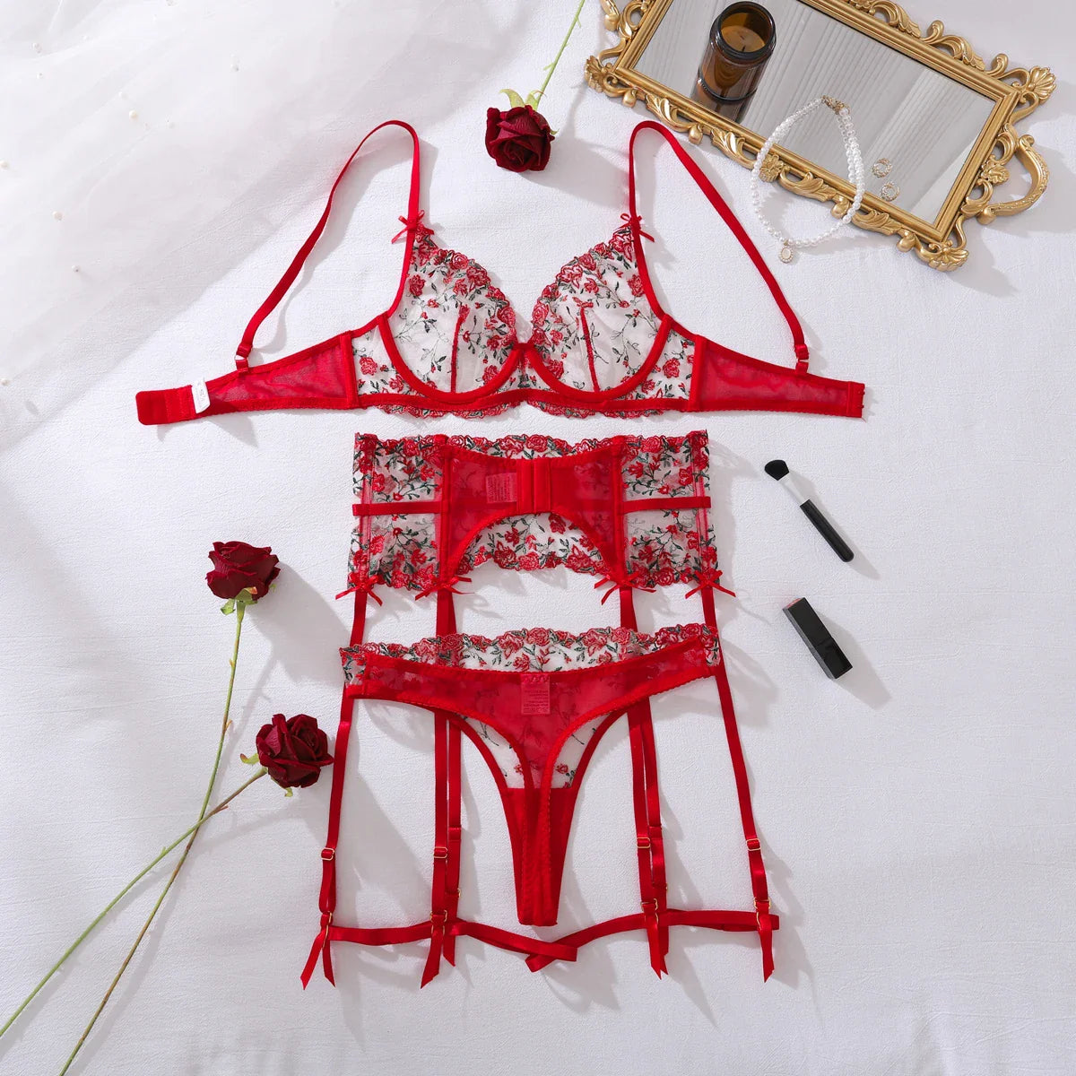 French vintage wine red rose see-through embroidery fishbone waist cincher lingerie four-piece set