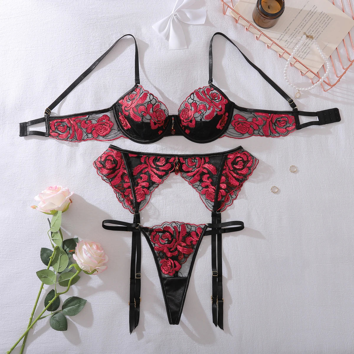 Heavy Crafted Rose Embroidered Mesh Perspective Underwear Color Match Splicing Mysterious Shaped Underwear Three Piece Set