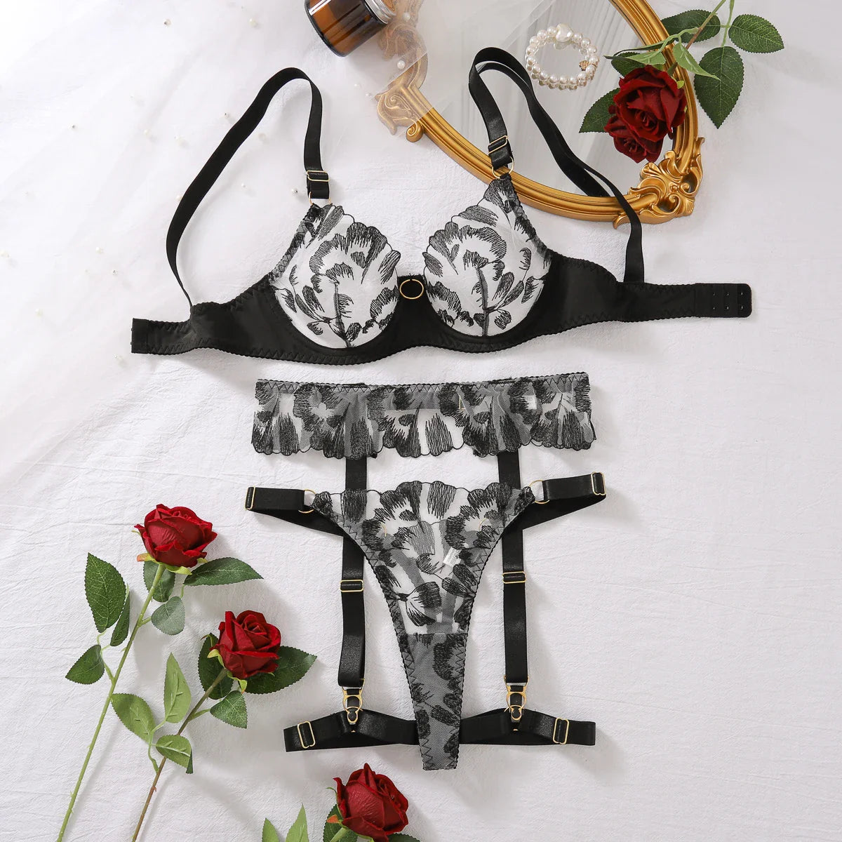 High Quality Lingerie 4-Piece Suit with Floral Embroidery Patchwork Mesh See-Through Erotic Underwear
