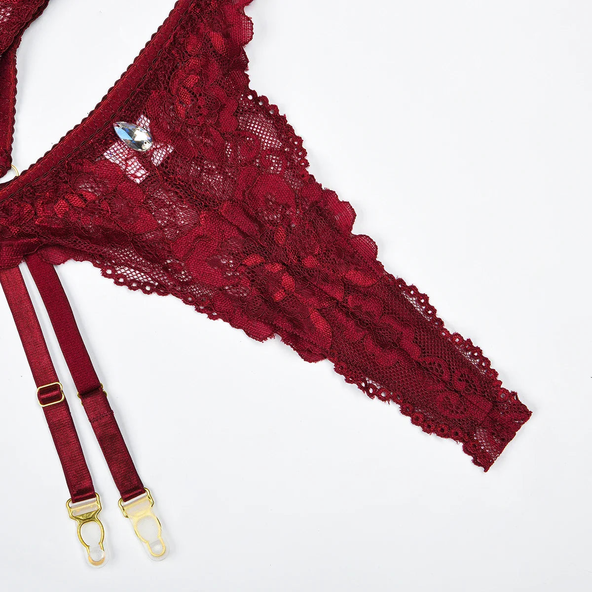 Hollow Water Drop Sparkling Diamond Wine Red and Comfortable Lace, Four Piece Set