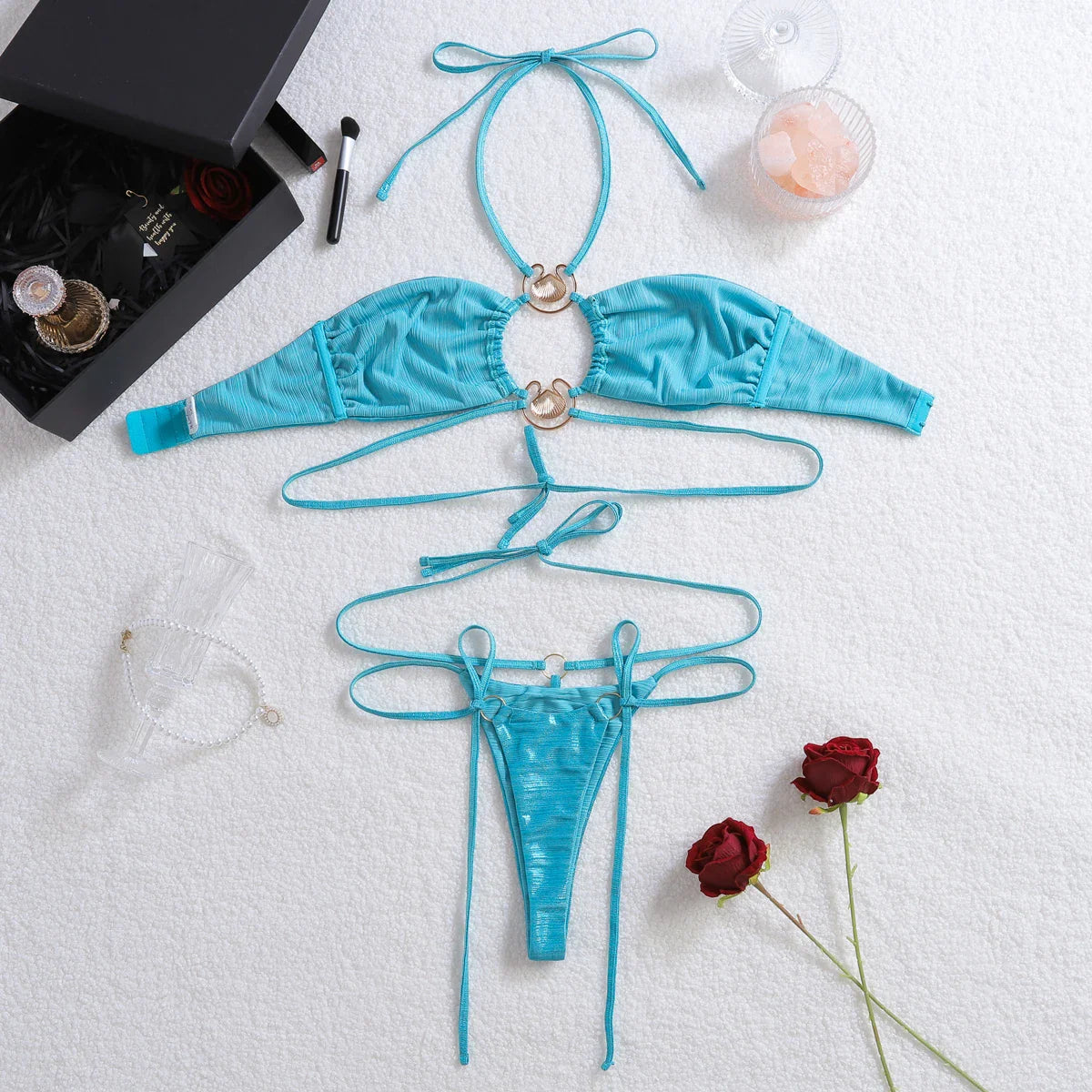 Girl Hanging Neck Bikini Pool Seaside Hollow Strap Complex Split Set Two Piece Set