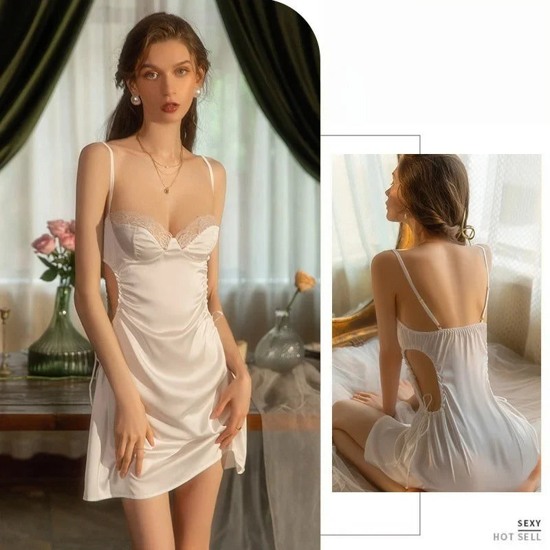 Home Wear Nightgown Suspender Dress Sleeveless Exposed Tight-fitting Summer Lingerie Backless Lace Seductive