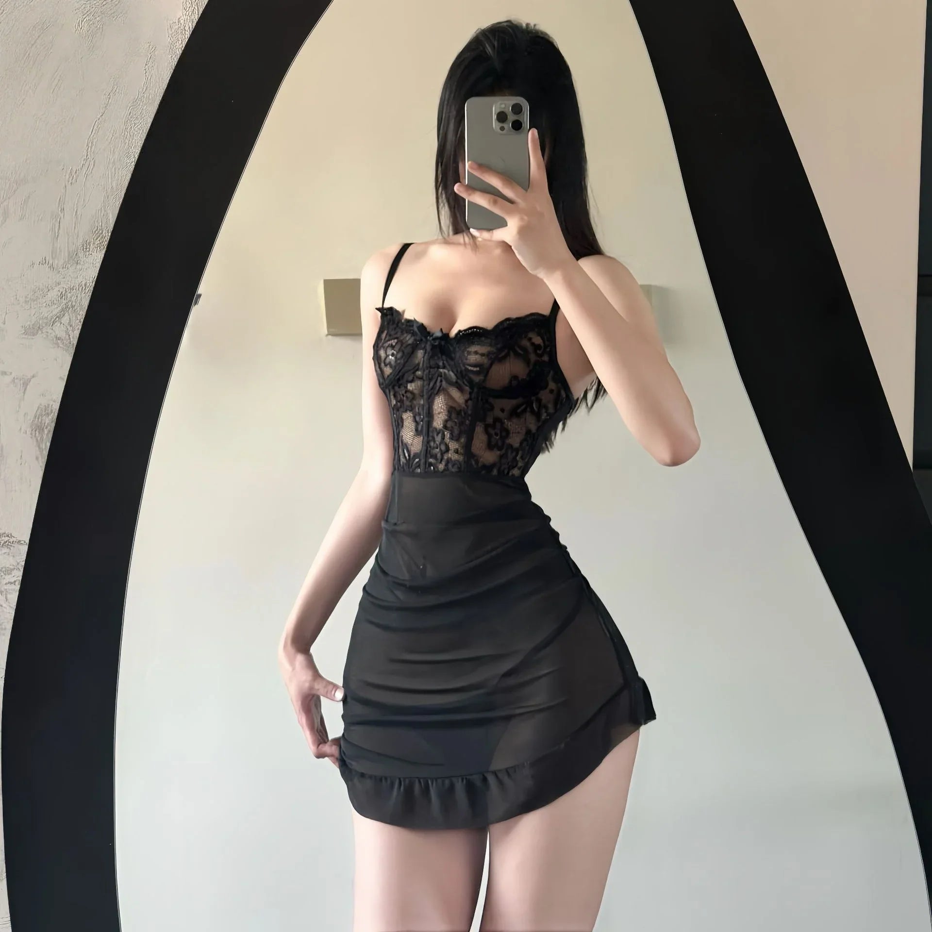Tight-fitting Flirtatious Temptation Wrapped Hip Skirt Perspective Lace Irregularity Lingerie Thin Version Nightdress