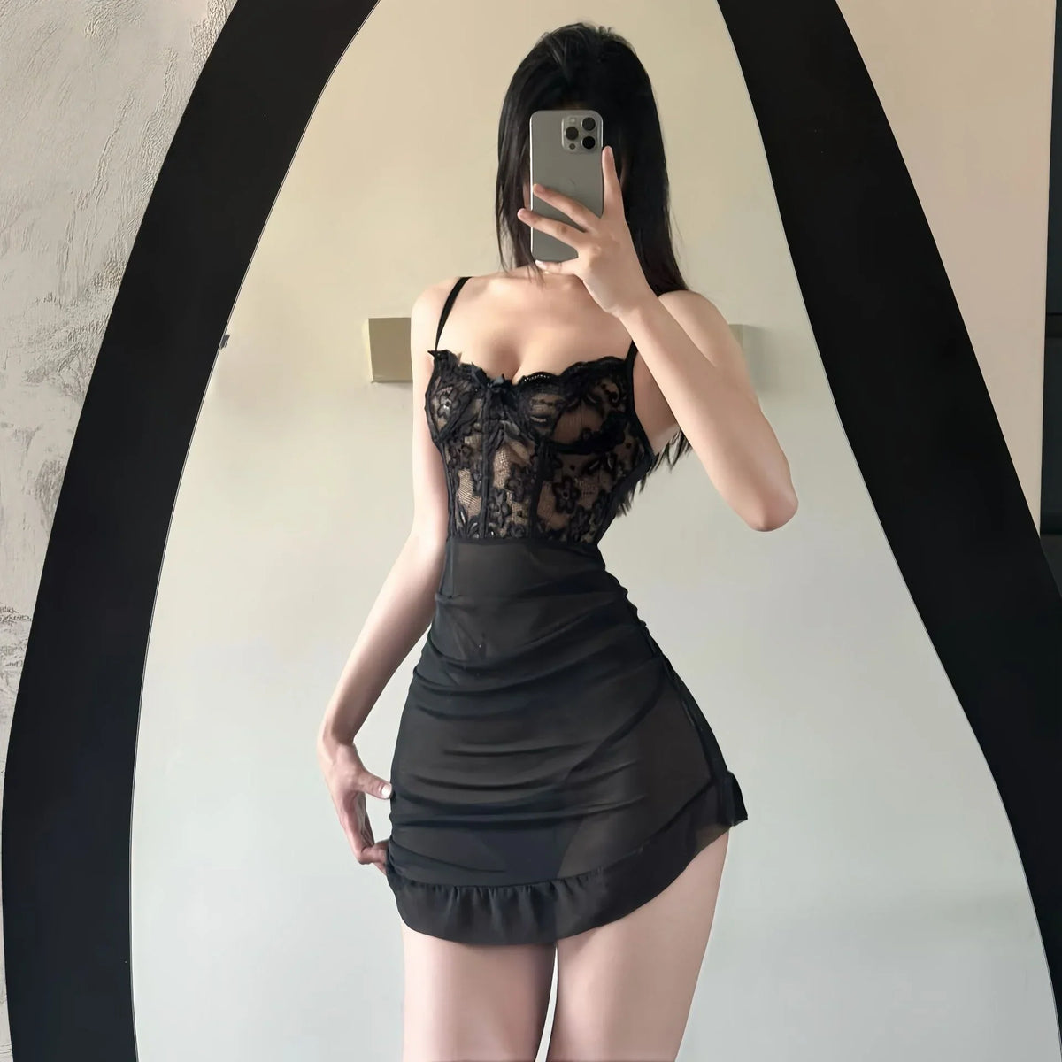 Tight-fitting Flirtatious Temptation Wrapped Hip Skirt Perspective Lace Irregularity Lingerie Thin Version Nightdress