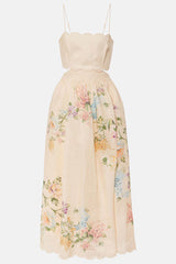 Cabo Sunsets Floral Print Petal Trim Back Lace-up Midi Dress
