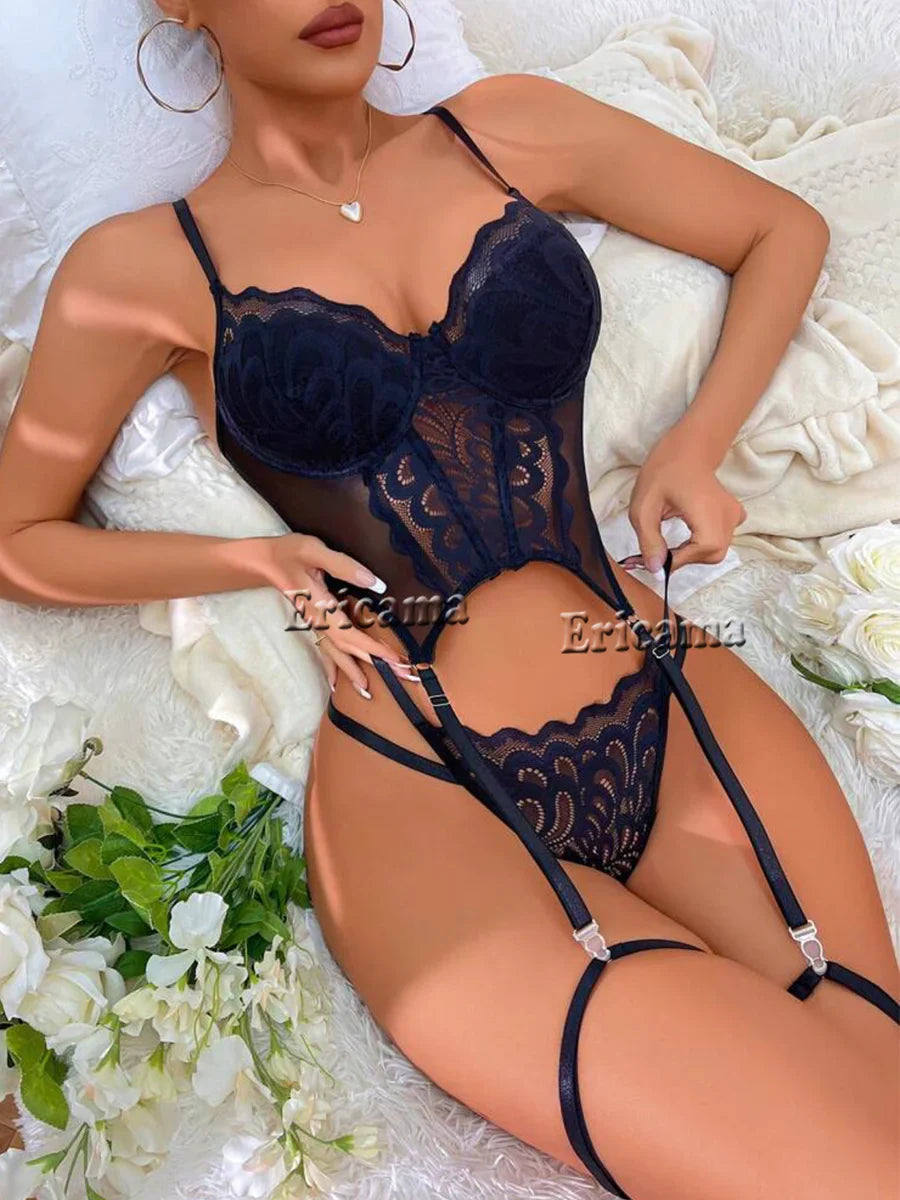 Lace Erotic Lingerie Set Bow Decor Strappy Hollow Out Intimates Bra & Thong & Belt, Lingerie & Underwear
