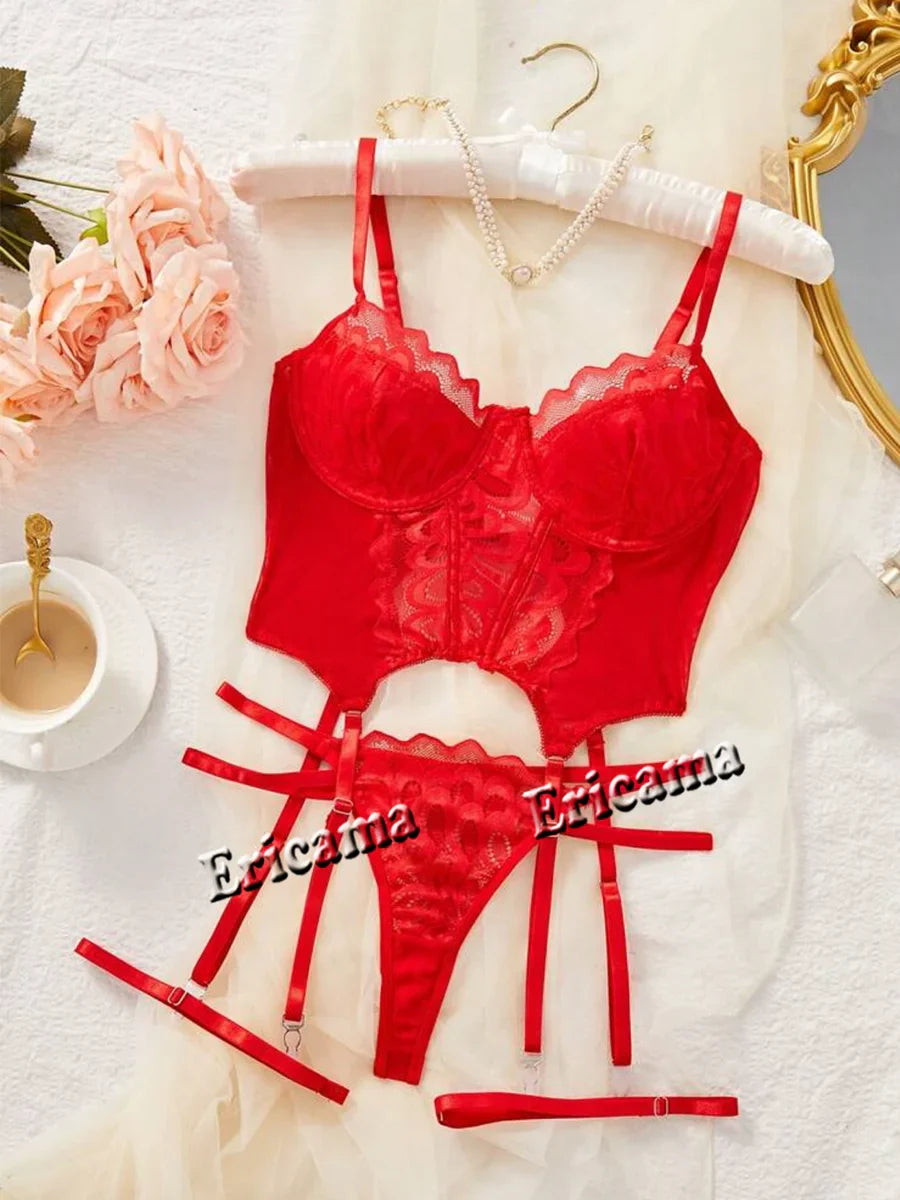 Lace Erotic Lingerie Set Bow Decor Strappy Hollow Out Intimates Bra & Thong & Belt, Lingerie & Underwear