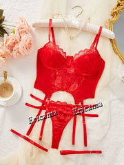 Lace Erotic Lingerie Set Bow Decor Strappy Hollow Out Intimates Bra & Thong & Belt, Lingerie & Underwear