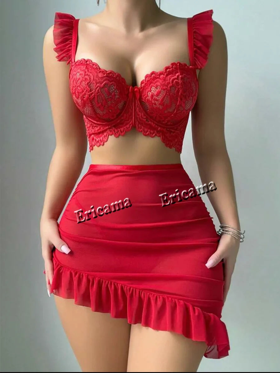 Lace Erotic Lingerie Set Open Babydoll Open Deep V Open Bra Crotchless Set See-Through Lingerie