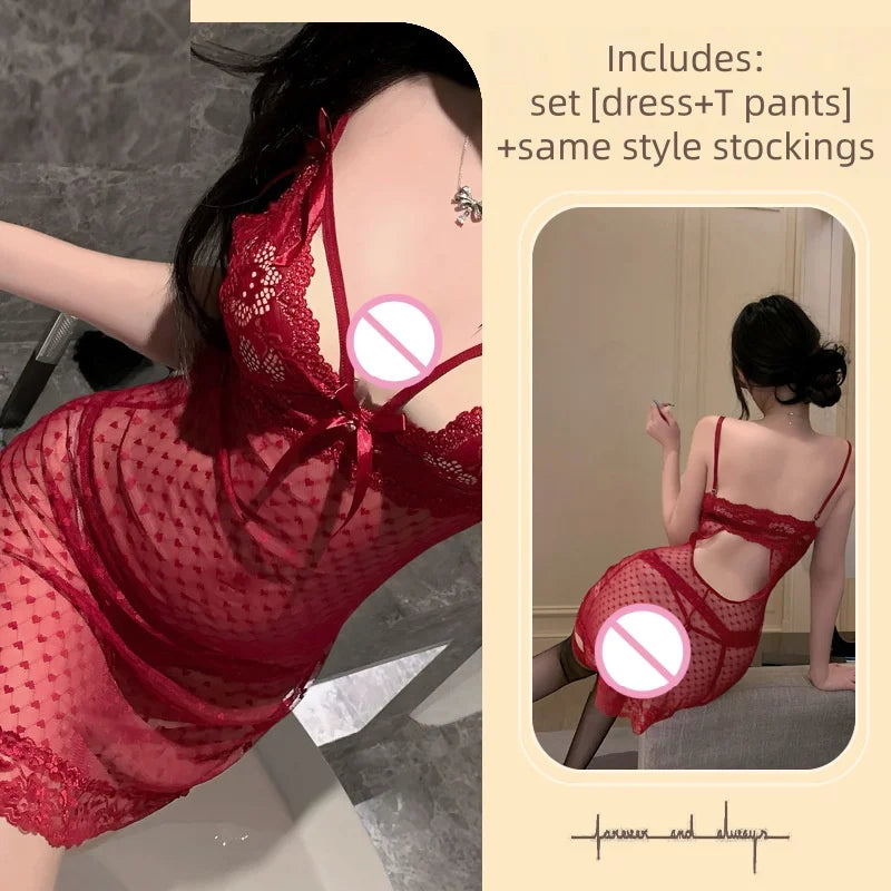 Lace Thin Version Off-shoulder Backless Flirtatious Temptation Transparent Nightgown Deep V Perspective Lingerie
