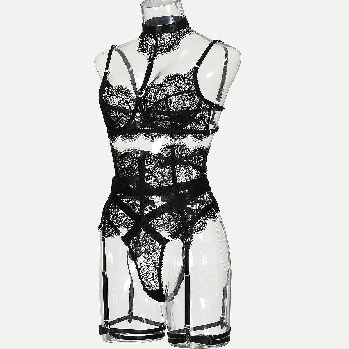 Lace and Lace Splicing 2025 Neck Hanging and Body Shaping Set Underwear Four Piece Set
