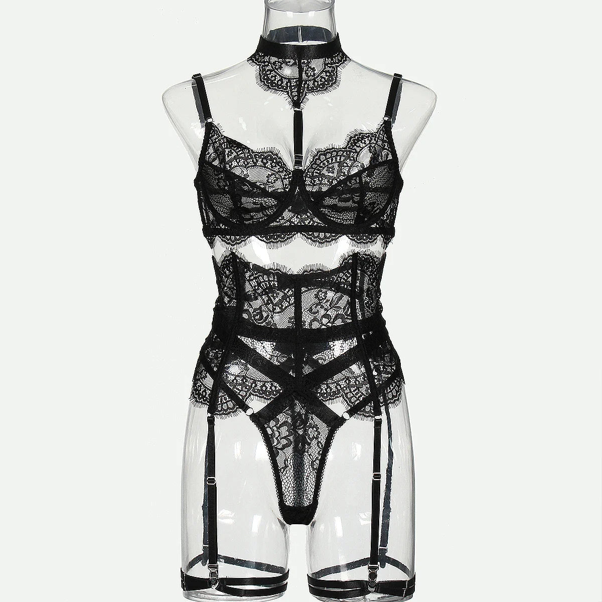 Lace and Lace Splicing 2025 Neck Hanging and Body Shaping Set Underwear Four Piece Set