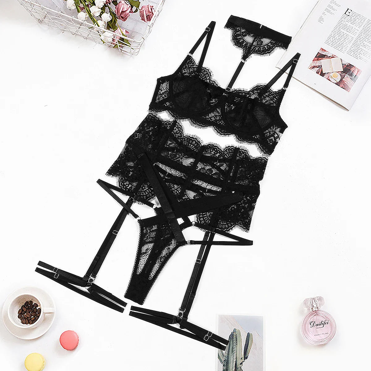 Lace and Lace Splicing 2025 Neck Hanging and Body Shaping Set Underwear Four Piece Set