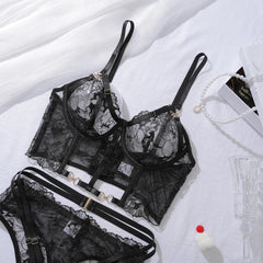 Ladies' Embroidered Flower 4-piece Set Erotic Slim Fit Shaping Transparent