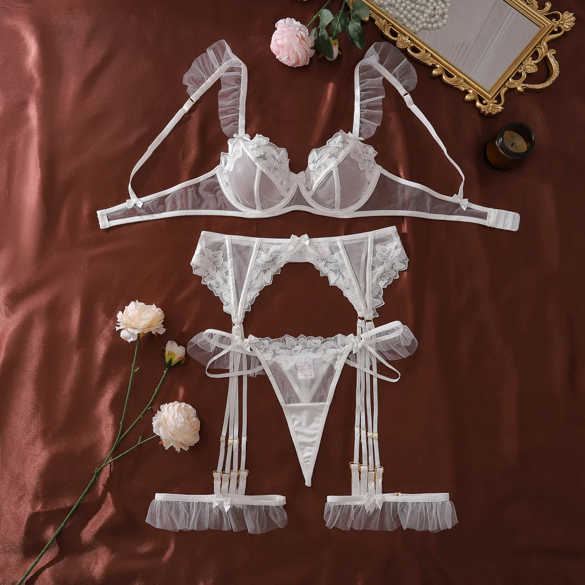 Lightweight lace perspective mesh lace splicing flower embroidery shaping lingerie split set
