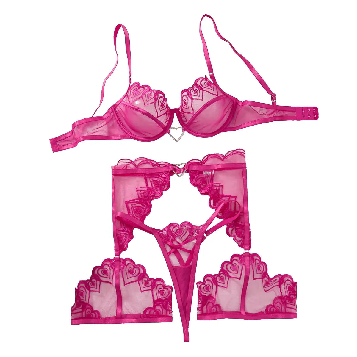 Love Embroidery Shaping Bra Three-Piece Metal Heart Link Rose Red Transparent Lingerie Set