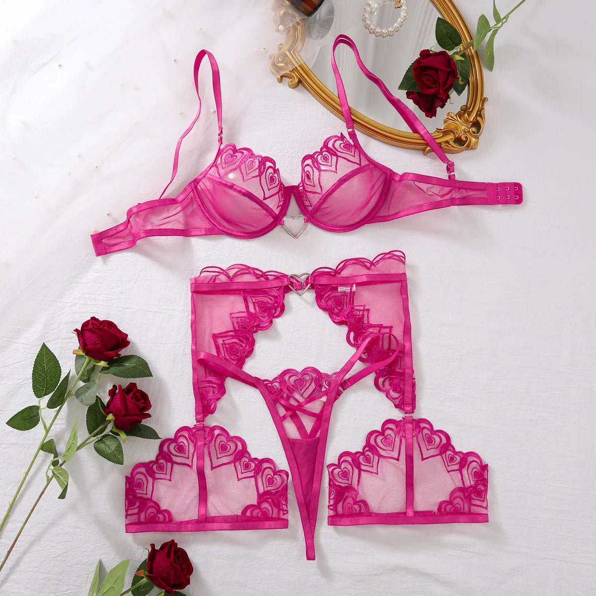 Love Embroidery Shaping Bra Three-Piece Metal Heart Link Rose Red Transparent Lingerie Set