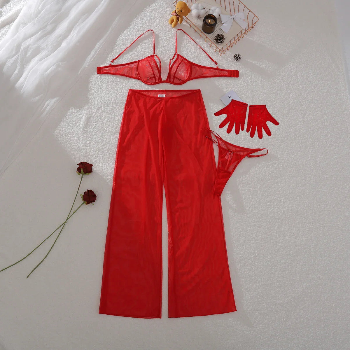 MUZISKAT Cross-border 2025 Red Temptation Mesh See-Through Set Ultra-thin Breathable Underwear Pants Gloves Four-piece